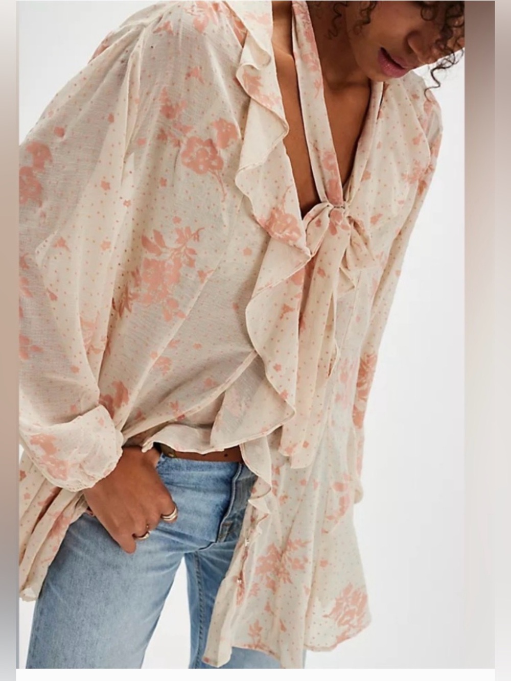 Free People Dreamland Floral Ruffle Boho Tunic Top XS Pink Cream